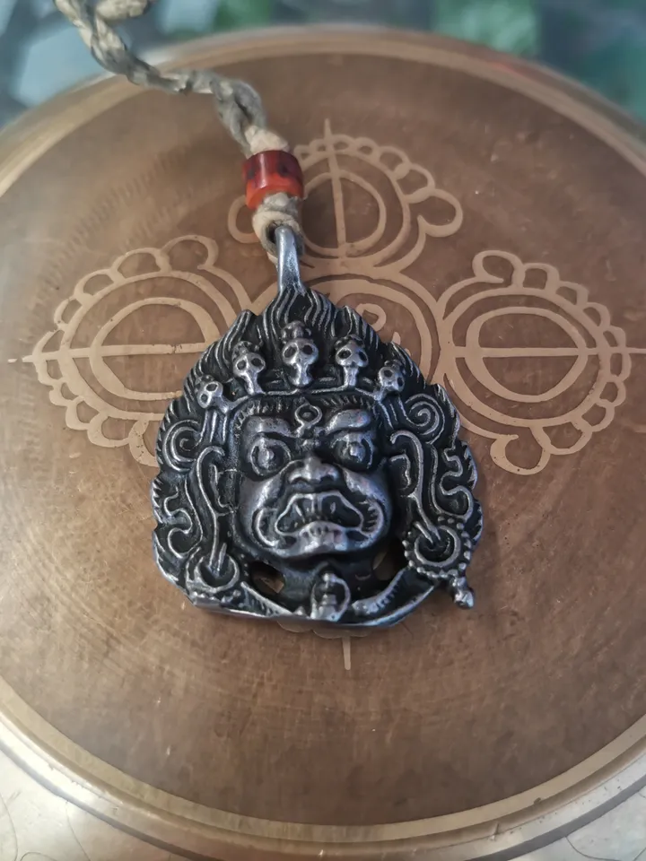 Gandhanra Antique Tibetan Amulet,Mahakala Pendant, Bhairava Mask,Buddhist Protector Deity, Made of Cold Iron