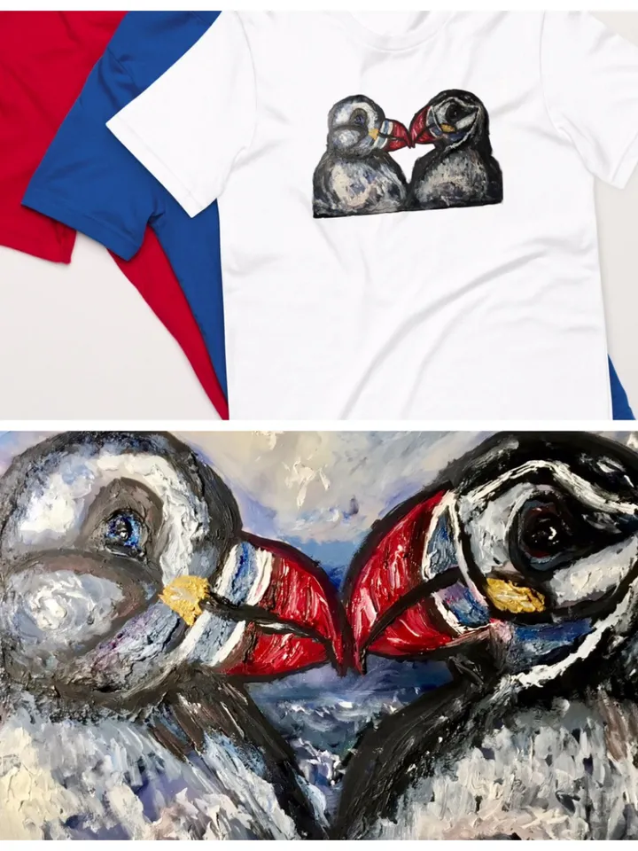 Puffins in love Unisex t-shirt,funny animals shirts,love gift t shirt,humor t shirts,animals painting,puffins in love t shirt,unique t shirt