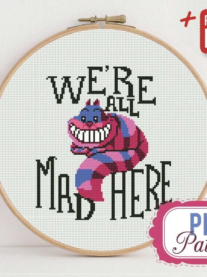 Cheshire Cat Cross stitch pattern Alice in Wonderland Cross stitch pattern Quote We’re all Mad Here PDF Format Instant Download Home decor