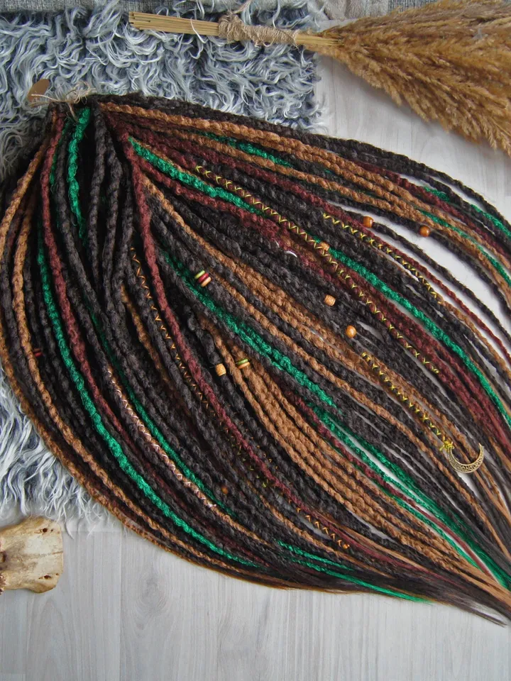 Bohemian Dreadlock Extensions Dark Brown Red Green Synthetic Faux Dreads Single or Double Ended Temporary Boho Hair Alternative
