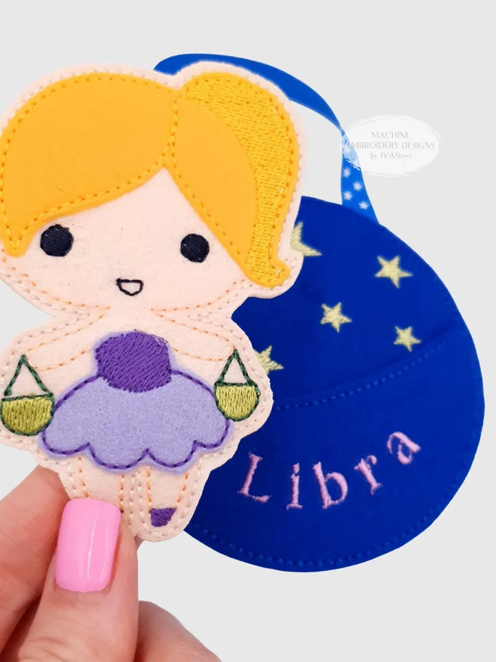 ITH Libra Zodiac Finger Puppet & Bag Embroidery Design, Scales Star Sign Toy, 4x4 Hoop Christmas Ornament File