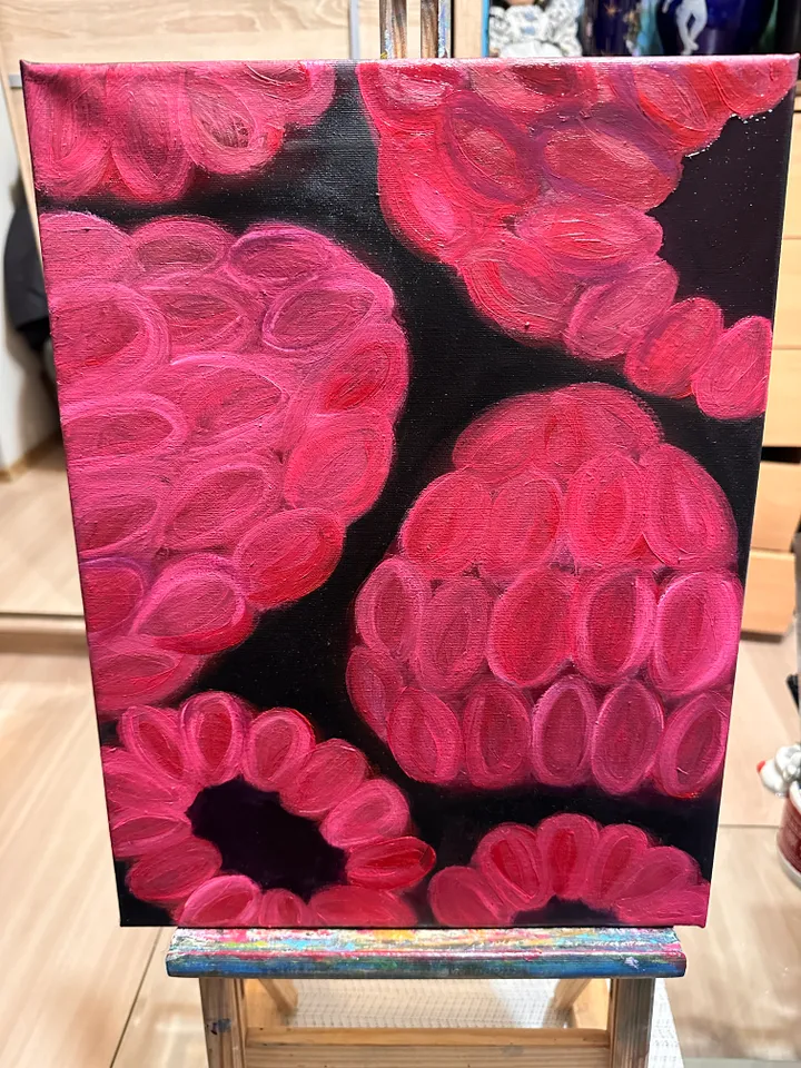 Oil Painting Raspberry Summer Berries Nature Food Wall Decor Stretched Canvas 40x30 cm 16x12 inches