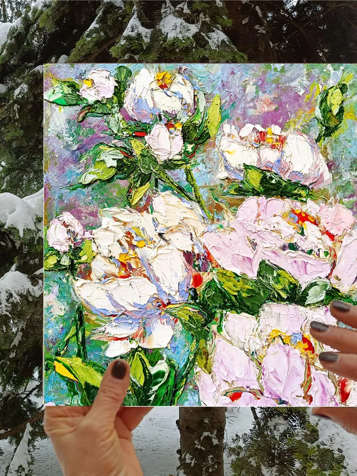 Peonies Oil Painting Flowers Art Impasto Floral Original Artwork Still Life 10x10 Wall Art Gifts by ArtProkopaloSv