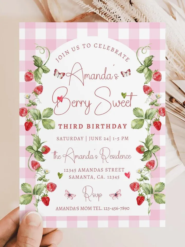 Editable Strawberry 3rd Birthday Invitation Berry Sweet Strawberry Picking 4th Birthday Invite Invites Canva Instant Download i115