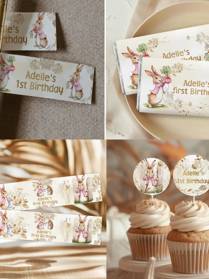 DIY Editable Baby Birthday Template large Bundle for Peter Rabbit party theme invitation banners labels milestone pr777