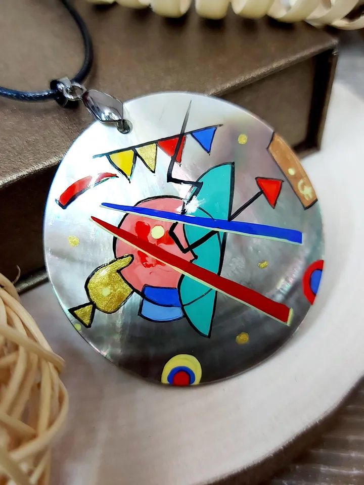 Pendant Kandinsky 2 Mother-of-pearl Hand-painted Russian jewelry magic of painting fine art jewelry Art gift Fedoskino Collectible
