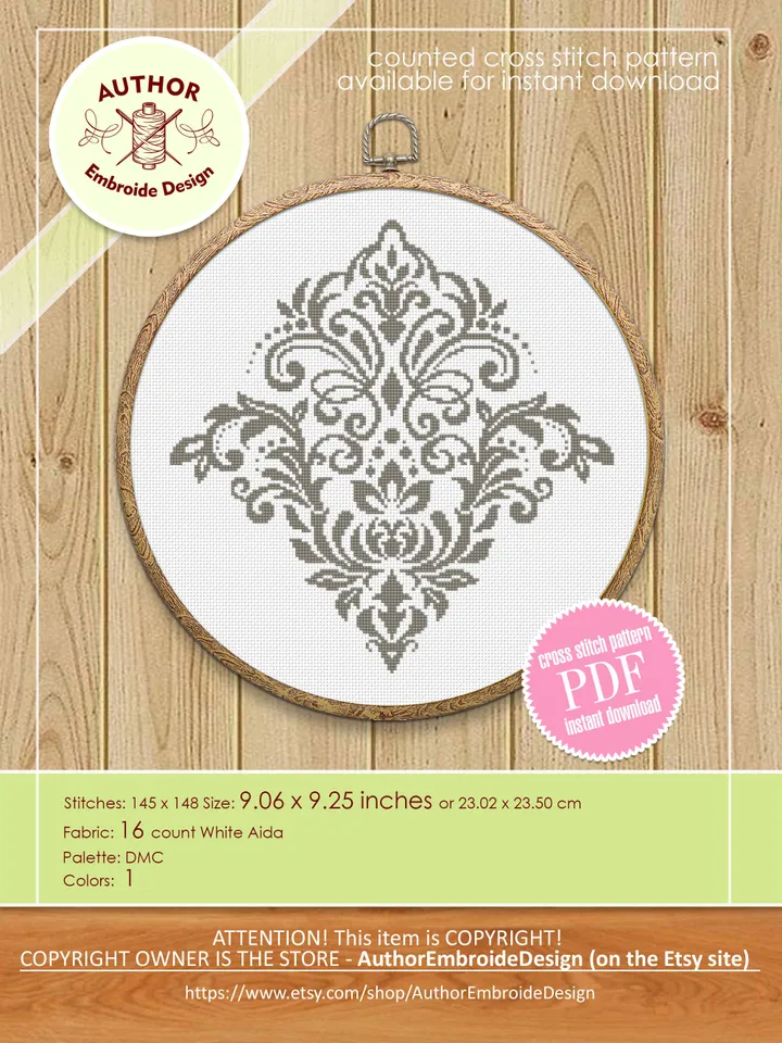 Floral damask ornament cross stitch pattern PDF download Flower mandala cross stitch chart, Floral scroll, Damask pattern digital PDF #M253