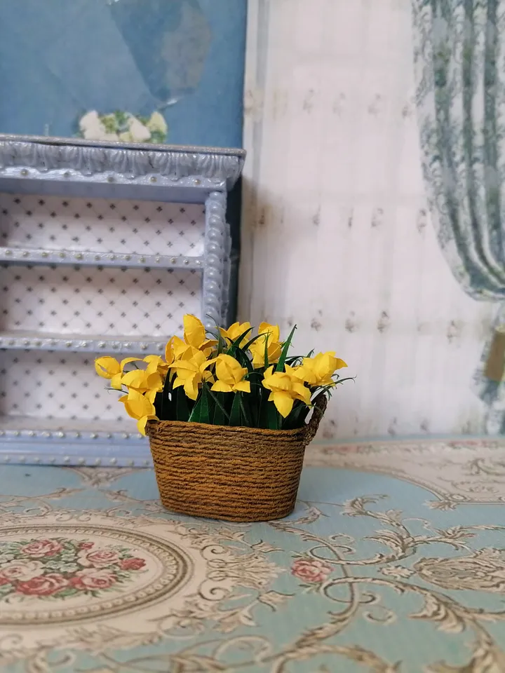 Flowers in a basket. Dollhouse miniature. Handmade. 1:12.