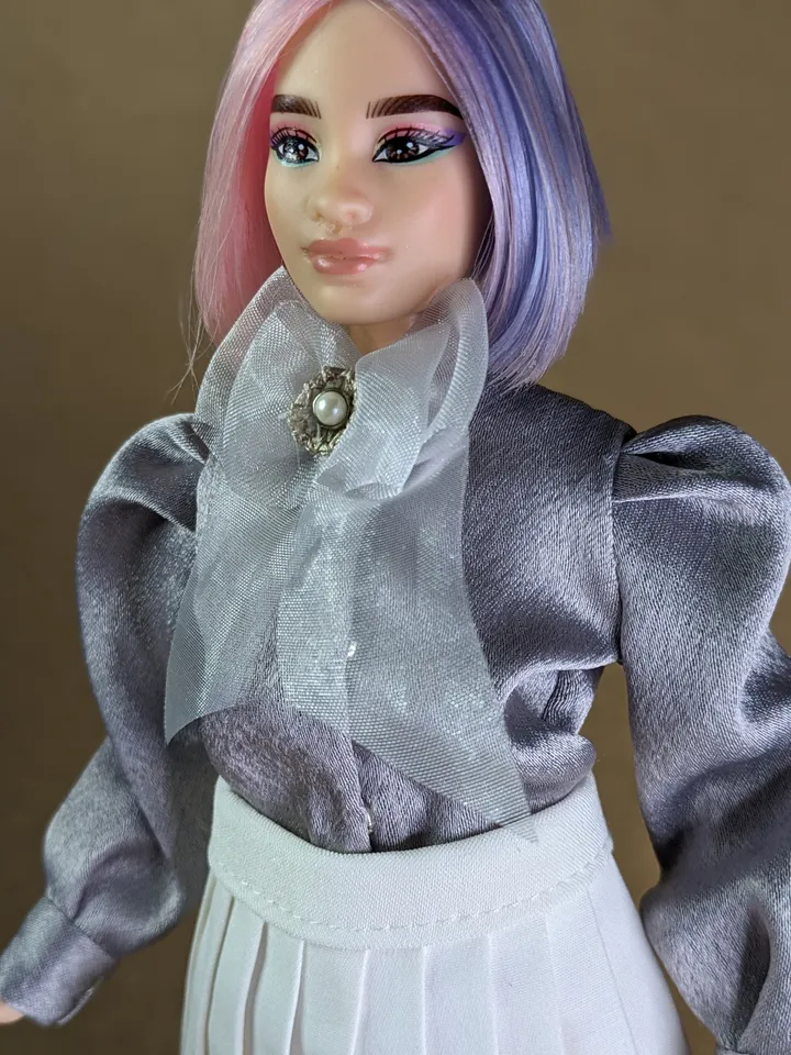 Handmade silk gray bow blouse for 1/6 scale fashion female dolls