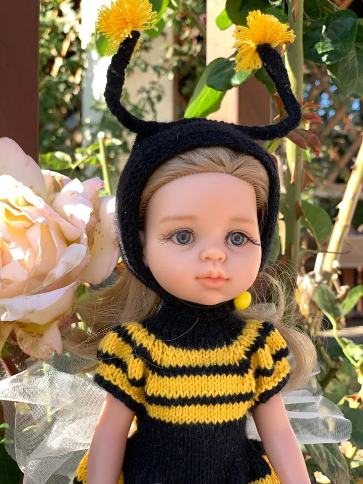 PDF Knitting Pattern Tutorial Bee Costume Jumpsuit with Cap for Paola Reina doll (13"/32 cm) eng