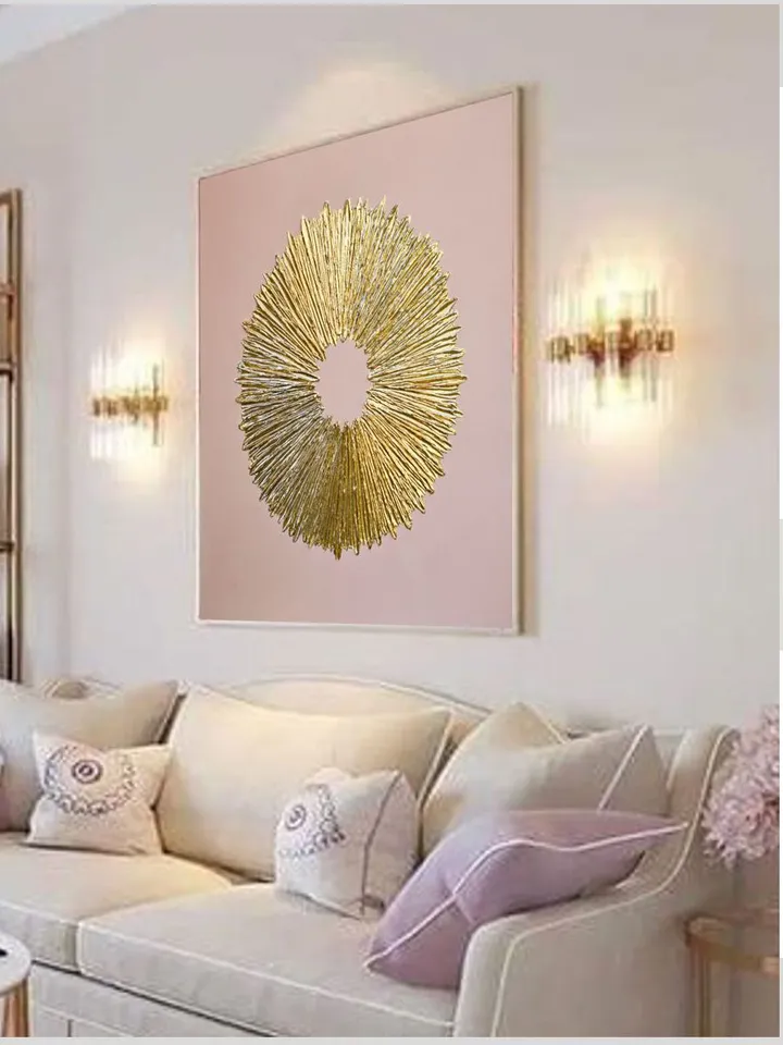 Gold and Pink Abstract Painting Sunburst Textured artwork Original Art Gold Wall Decor Above couch decor by Juliya JC
