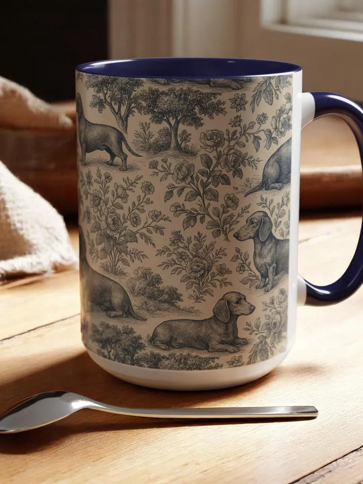 Dachshund French Toile de Jouy Ceramic Mug, Toile Coffee Cup for Doxie Mom, Sausage Dog Lover Gifts, Dog Tea Drinkware, Gift For Dog Lovers