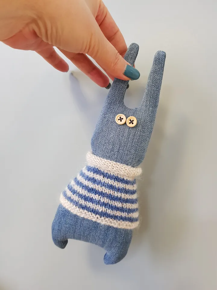 Rabbit sewing and knitted patterns PDF digital tutorial, denim Rabbit in striped sweater