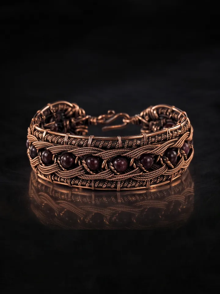 Copper wire wrapped garnet bracelet Unique bangle 7th Wedding Anniversary