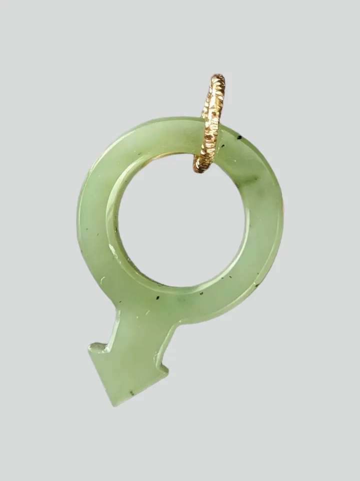 Green jade pendant gender male sign symbol of Mars LGBTQ.