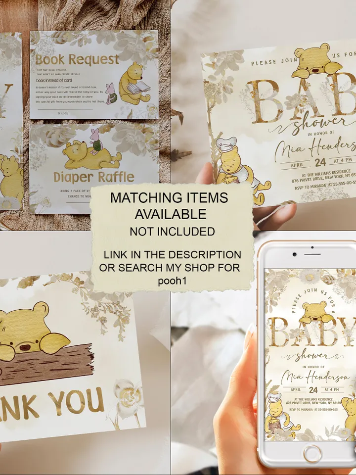 Classic Winnie Pooh Baby Shower Invitation Set; Neutral Baby Shower Template; Wizard Baby Shower Invite; Honey Bear Invite Winnie Pooh pooh1
