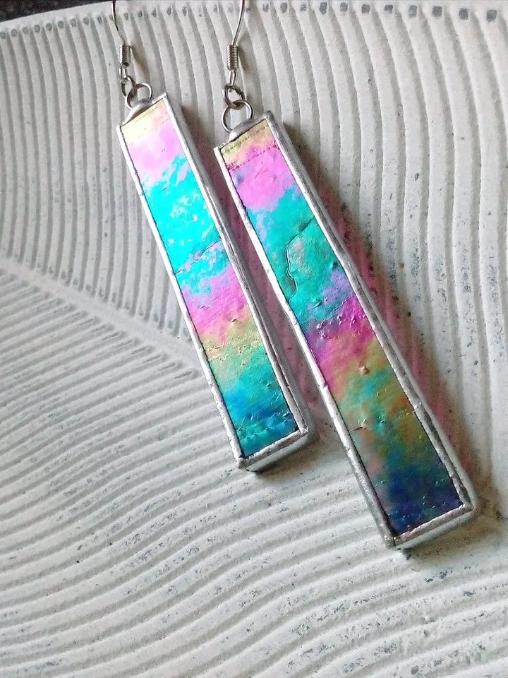 Iridescent stained glass earrings, cute rectangle earrings, dichroic earrings, duochrome earrings