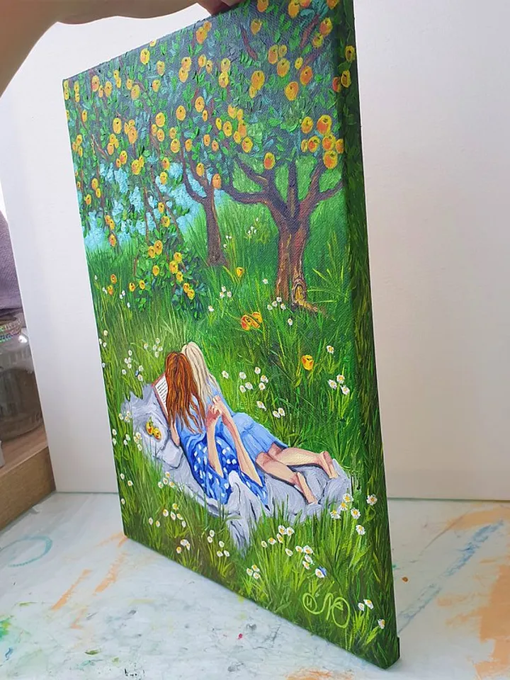 Girls Painting Apple Tree Original Art Sisters Artwork Woman Wall Art Oil Canvas