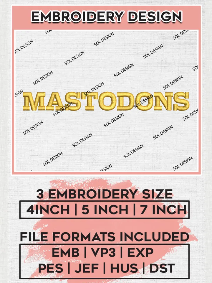 NCAA Mastodons Football Team Logo Embroidery Design Files, NCAA Purdue Fort Wayne Mastodons Machine Embroidery, NCAA Teams, Game Day, 3 sizes, NCAA Machine embroidery designs, Digital Download