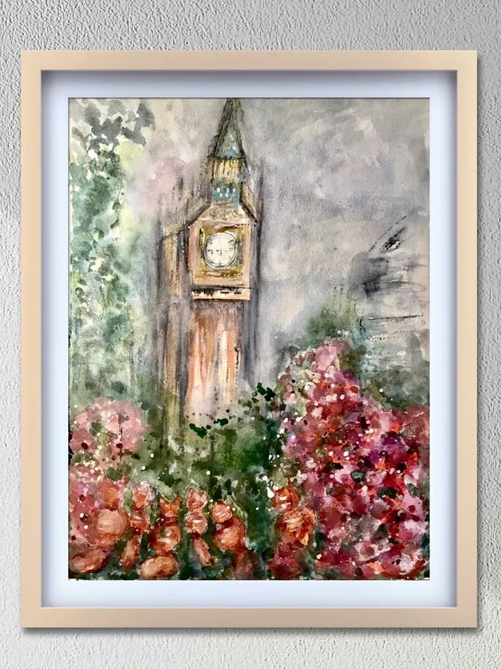 London cityscape original watercolour painting wall art,London Big Ben painting,flowers painting,England painting,wall decoration,gift.