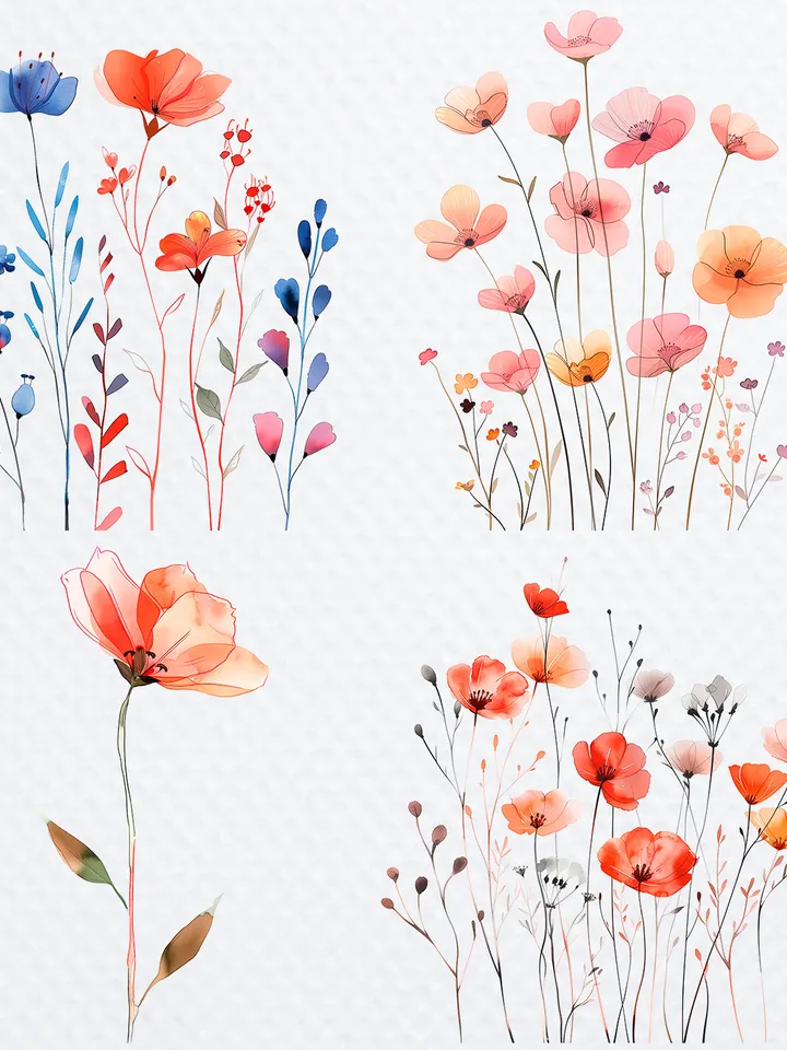 28 Minimalistic Flowers PNG Clipart, Watercolor Flowers sublimation print, Printable Wildflowers clipart, Paper craft, junk journals