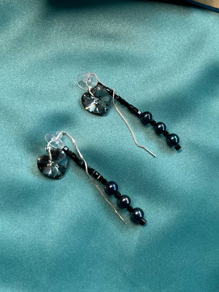 Pearl Silver 925 Jewelry Set Necklace Earrings BLACK HEART