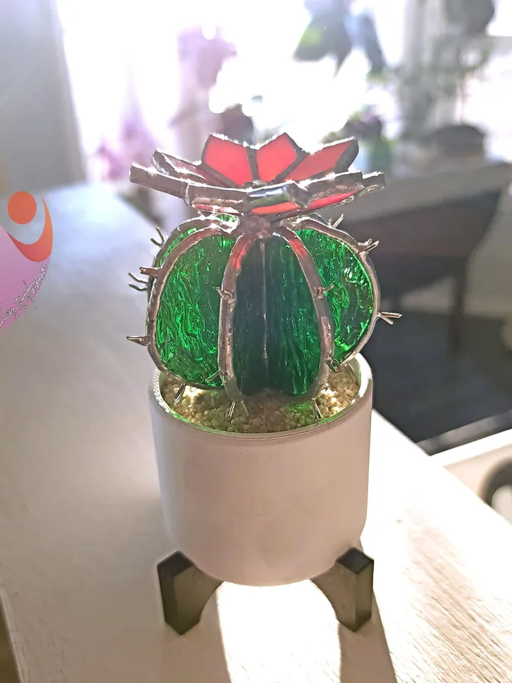 Stained Glass Cactus Suncatcher in White Pot with Stand - Cute Miniature Barrel Cactus with Flower