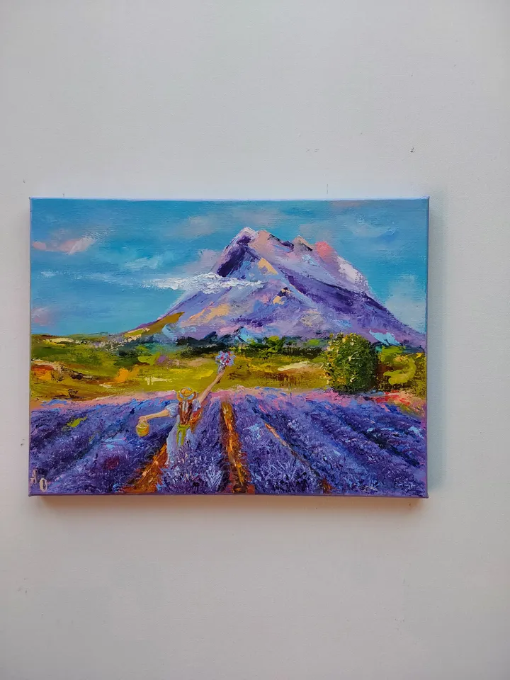 "Landscape. Girl in a lavender field" oil painting on canvas 40x30cm (16x12inch)