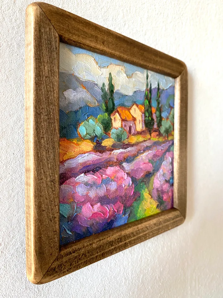 Lavender Fields Painting Tuscany Original Art Landscape Oil Painting Impasto Small Artwork 6x6 Tuscan Serenity Painting Wild Flowers