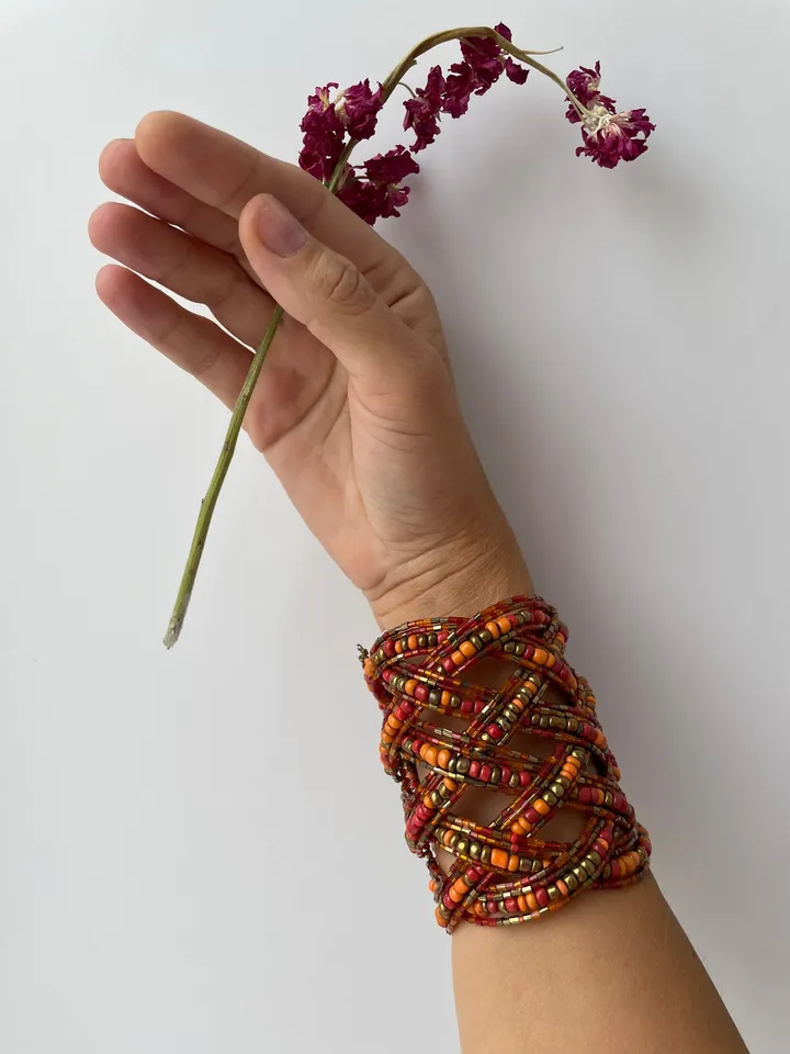Beaded Handmade Wide Classy Elegant Bracelet | Orange Glamorous Beads Bracelet | Elegant Summer Wide Bracelet |Womans Beaded Jewerly