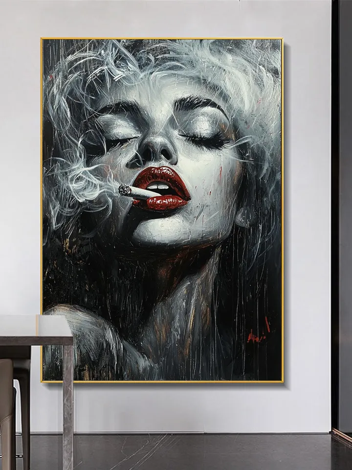 Smoking Woman Painting, Black and White Wall Art, Red Lips Art, Sensual Woman Portrait, Canvas Art, Large Wall Decor, Original Oil Painting