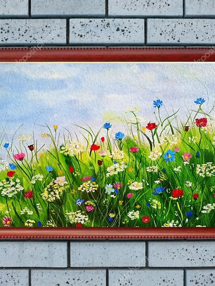 Landscape original oil painting of mountains and wildflowers impasto art