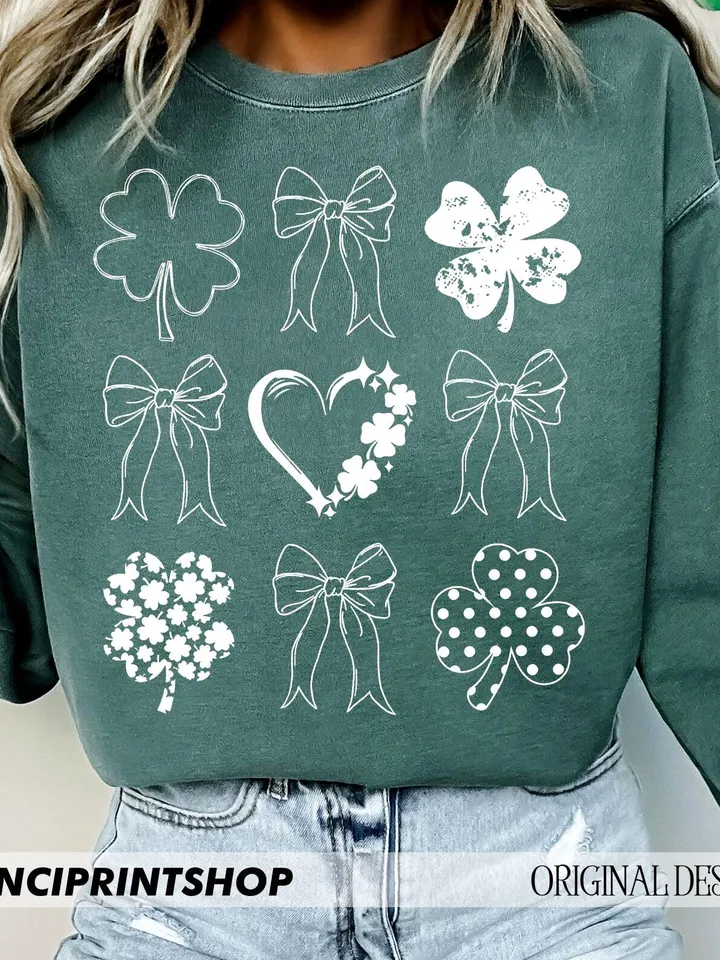 St Patrick's Coquette Shamrock Png, St Patrick's Day Png, St Patrick's Bow png, Lucky png, St Patrick's Shirt png, Doodle clover, Shamrock