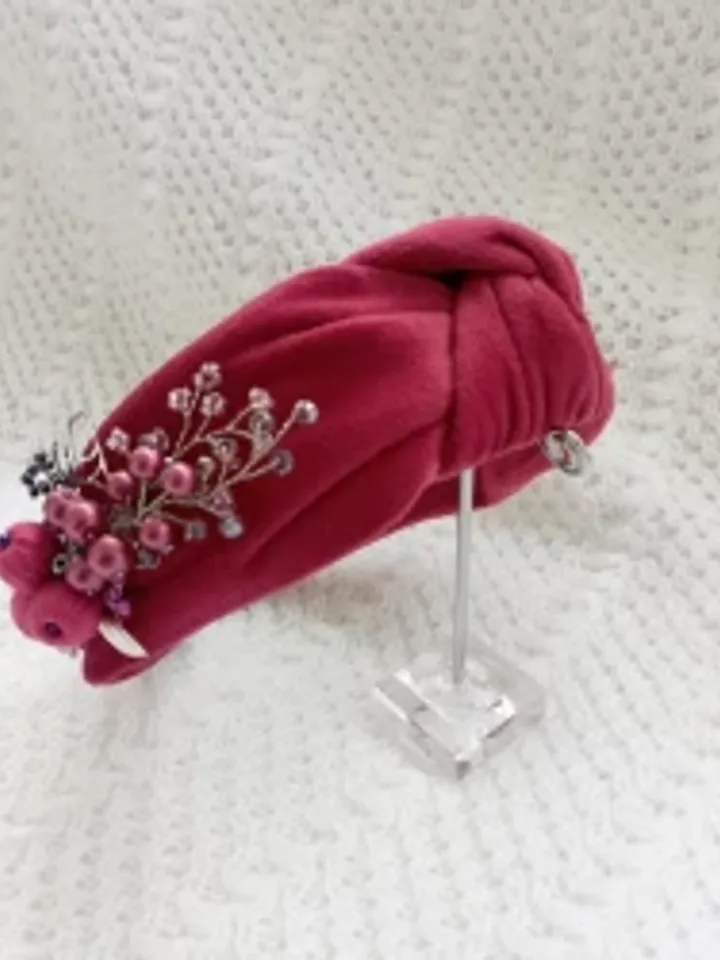 Magenta tie headband for women, beaded crystal headband, velvet embroidered headband, embellished headband, turban headband