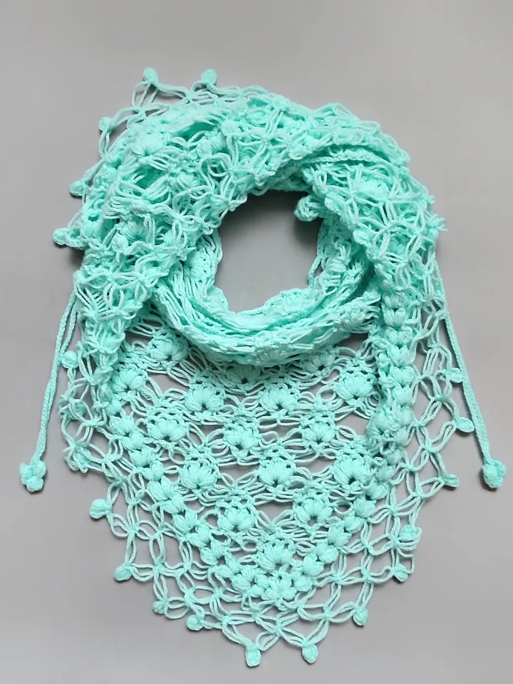 Openwork knitted shawl, mint colored bactus, dressy shawl