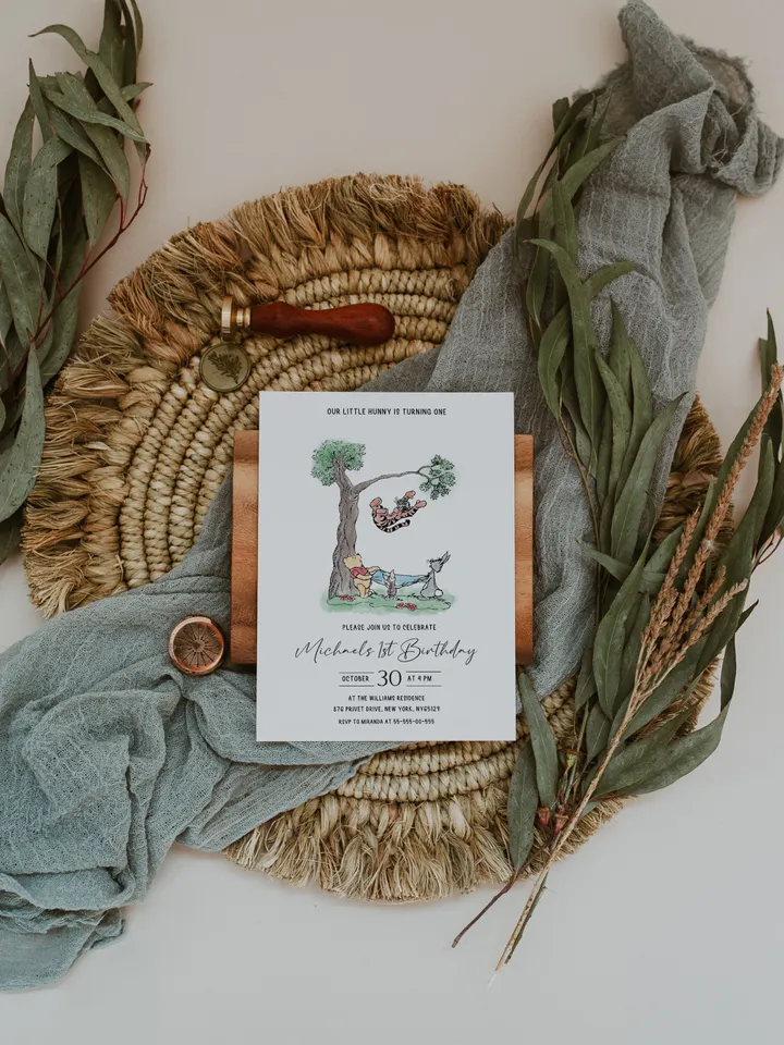 Winnie the Pooh Inspired First Birthday; Classic Winnie Pooh Invitations; Neutral Winnie Pooh Turning One; Winnie Pooh Birthday Party Theme