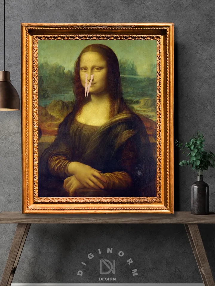 Funny Bathroom Altered Art, surreal Mona Lisa, Eclectic extra large wall art, Maximalist art vintage print, Prank Gift, funny bathroom signs