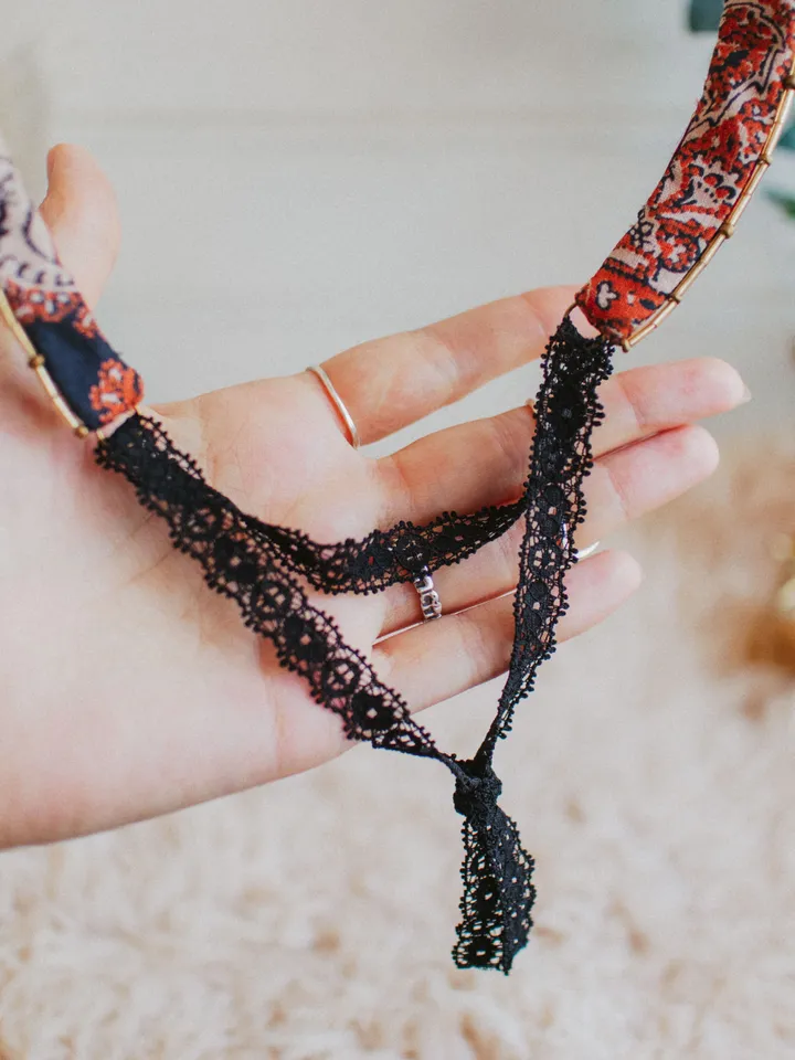 Tiara "Crimson Rhapsody" (round version). Bohemian patchwork crown for festivals, weddings, proms. Hippie hair accessory made with upcycled vintage fabrics and embellishments.