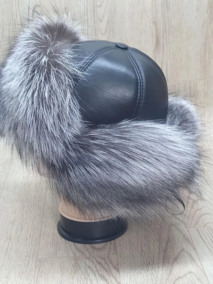 Women's Silver Fox Hat. Fur hat for Winter. Top of the hat is genuine leather. Hat with a pompom. Model Zimushka, Warm, Comfortable, Fashion
