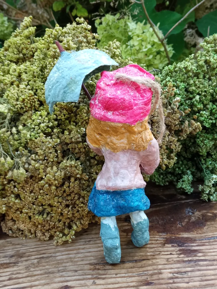 Vintage-Inspired Cotton Toy: Girl with Umbrella - Handmade Collectible. Art doll. Christmas tree toy. Christmas ornaments Spun cotton doll.