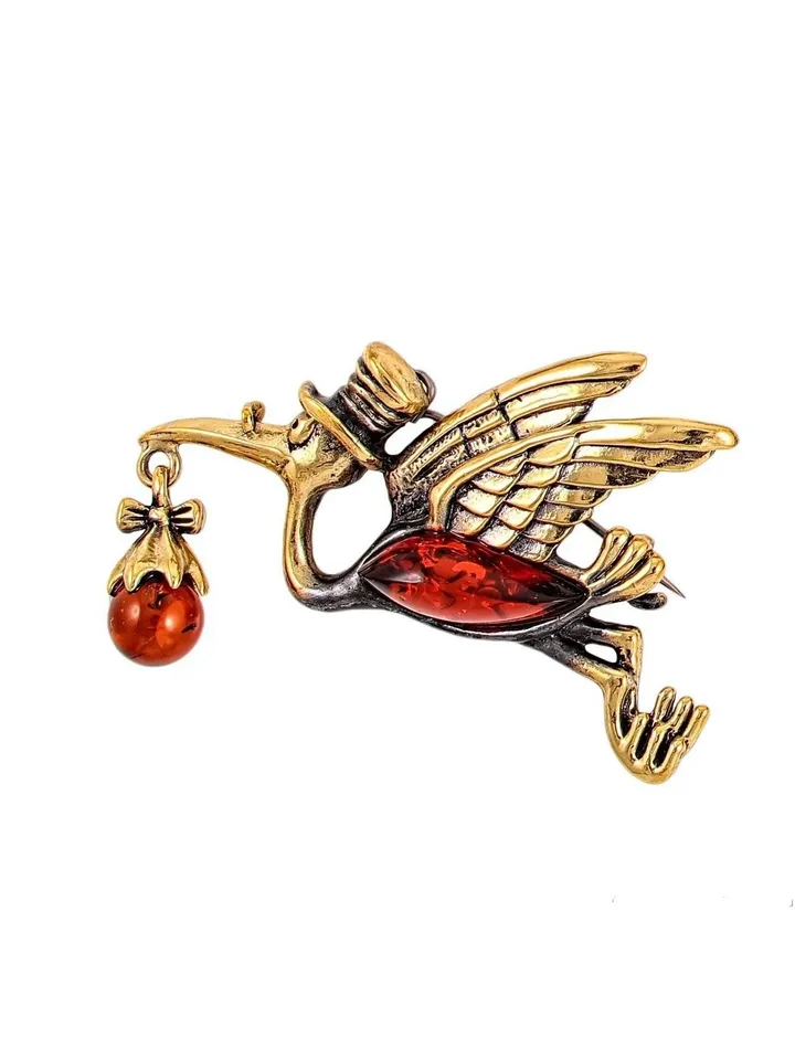 Stork Bird Brooch Amber Brooch Women Children Stork with Baby Cartoon brooch Fairy tale jewelry gift for sister friend