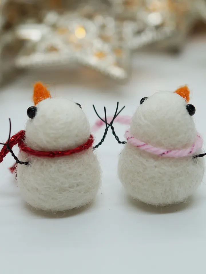 Miniature needle felted snowman in a red scarf, ready to ship from the USA