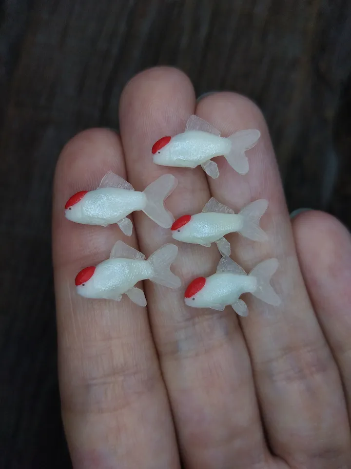 Miniature clay Red Cap Oranda goldfish 5 pcs, tiny fish for diorama, dollhouse or resin art