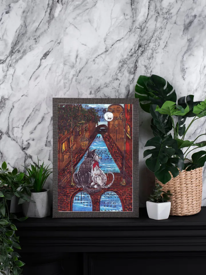 Illustration with cute cats Moonlight Sonata, Cat prints wall art Instant download