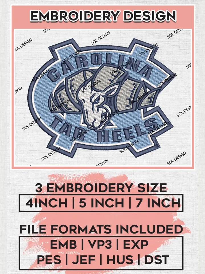 NCAA North Carolina Tar Heels Mascot Logo Machine Embroidery Design, NCAA North Carolina Tar Heels Embroidery Design Design files, NCAA Team Embroidery Designs, NCAA Machine Embroidery Designs, Digital Download