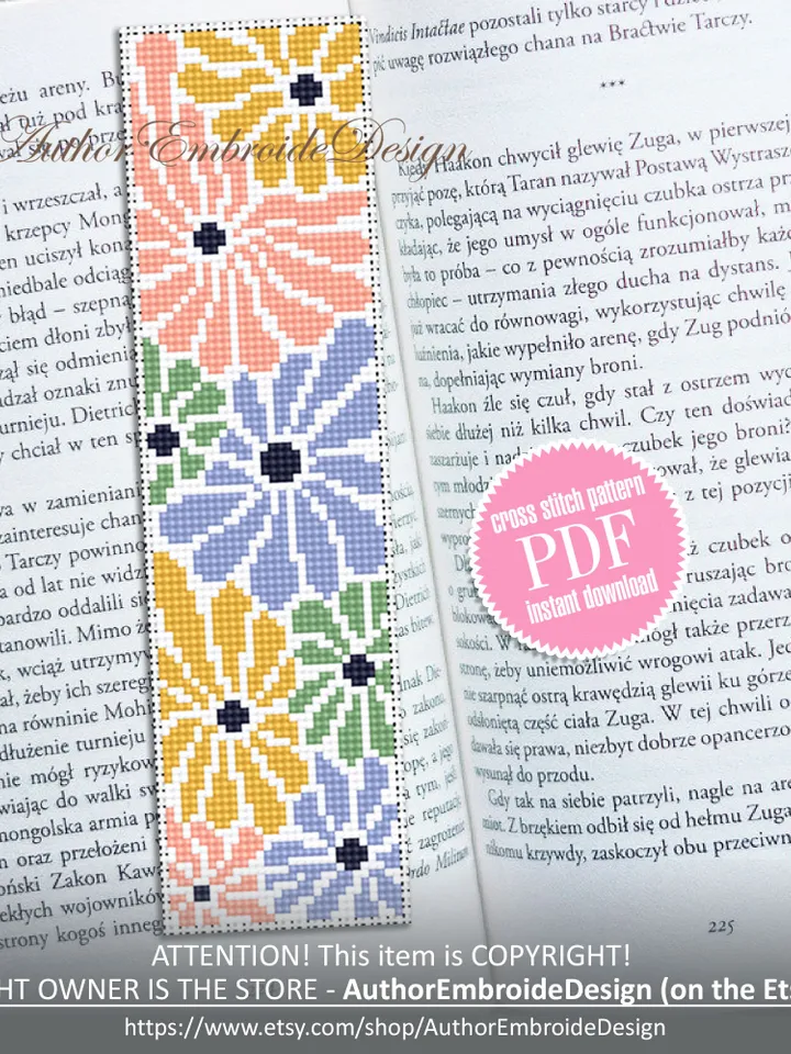 Abstract flowers bookmark cross stitch pattern PDF download Boho flowers cross stitch chart, Modern bookmark pattern digital PDF #B302