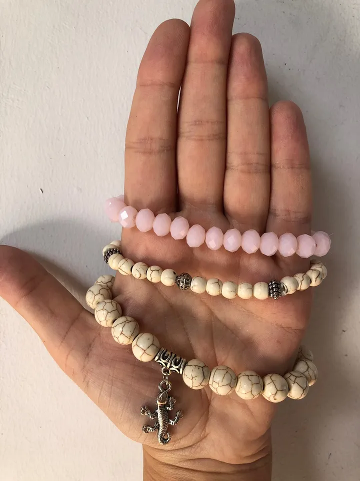 Set of Tree White Pink Bracelets | Crystal Bracelet | Howlith Bracelet | Totem Bracelet | Summer Set Bracelet Woman | Handmade Bracelet Set