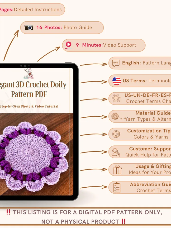 Elegant 3D Crochet Doily Pattern PDF, Vintage Floral Table Mat, Handmade Decorative Coaster, Textured Lace Placemat DIY, Instant Download