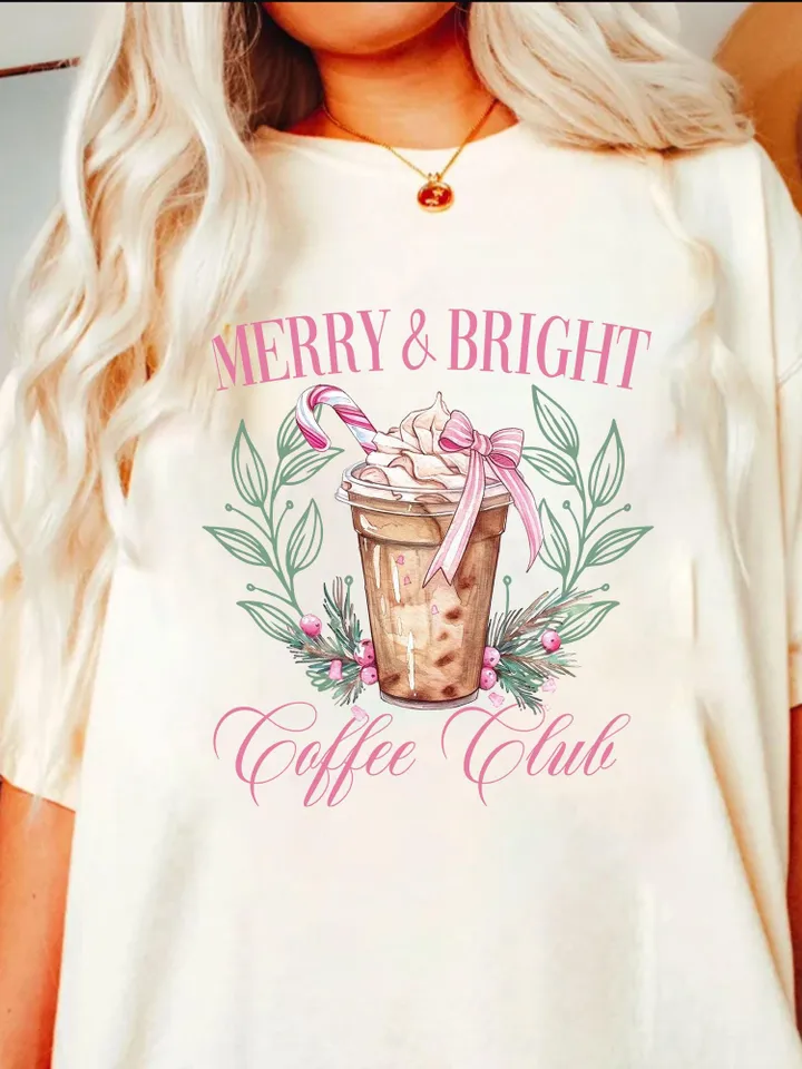 Pink Christmas Coffee Club, png, Christmas Coquette Bow png, Pink Christmas png, Girly png, Aesthetic png, Merry Christmas png, Merry Bright