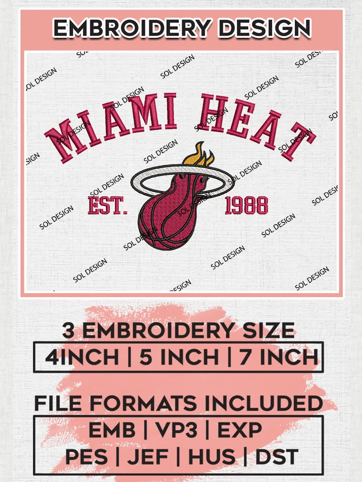 NBA Miami Heat Basketball Team Est Logo Embroidery Design, NBA Miami Heat Logo Embroidery Files, Basketball Team Machine Embroidery, Machine Embroidery Design